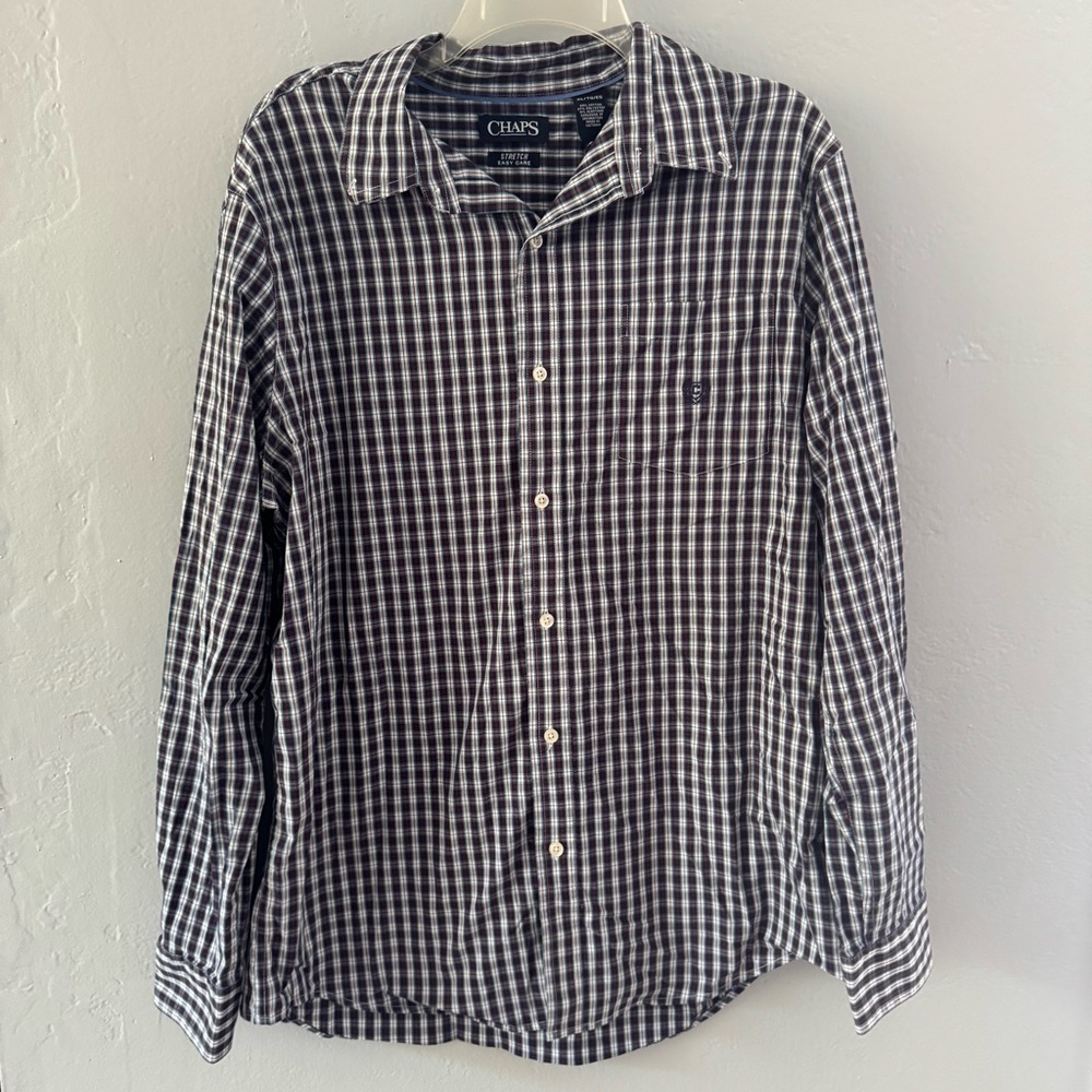 Chaps Plum and White Gingham Men's Long Sleeve Button Down Shirt